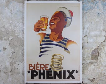 1999 Biere Phenix Poster, Art Deco, smiling sailor with a beer, by Leon Dupin in 1930, Editions Clouet, advertising wall art decor