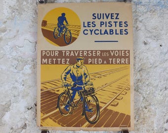 1950s SNCF cycle safety poster, Follow the cycle paths, by Durupt, industrial, train rail dangers, retro wall art decor