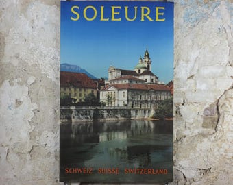 1960s Solothurn Poster, Soleure Switzerland, Cathedral of Saint Ursus on the River Aare, Suisse Schweiz Travel poster, wall art decor