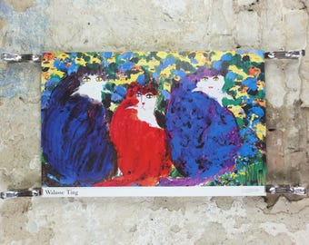 1990 Walasse Ting Poster, Three Cats 1990, blue cat, red cat, blue cat, colourful popular figuratism, pop art, gallery, wall art decor