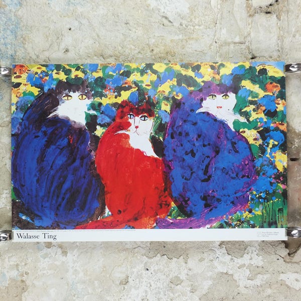 Póster de Walasse Ting de 1990, Tres gatos 1990, gato azul, gato rojo, gato azul, figuratismo popular colorido, arte pop, galería, decoración de arte mural