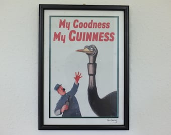 Hand signed 1981 John Gilroy Guinness Toucan Poster, Ostrich 1936, Guinness Zookeeper & ostrich who swallowed his pint, wall art retro decor
