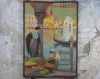 1920s Venice Poster, Chemins de fer de l'est Venezia, by E Louis Lessieux, Lotschberg, St Gothard, Hachard, gondolas, travel wall art decor