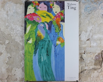 1990 Walasse Ting Poster, Three ladies with fans and parrots, colourful popular figuratism, pop art, gallery, wall art decor