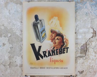 1946 Kranebet Liquor Poster, Italian juniper and herbs spirit, Fratelli Rossi Asiago, drinking alcohol, advertising print wall art decor