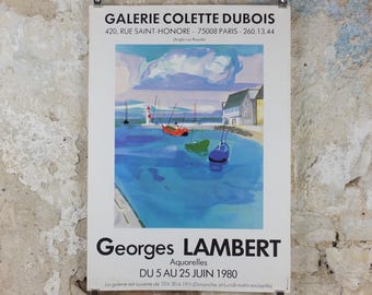 1980 Georges Lambert Poster, sailing boats in a harbour in a French village by the sea on a cloudy day, French Paris, wall art decor