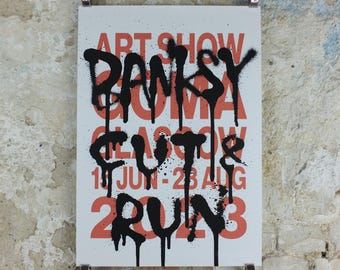 2023 Banksy Cut & Run Poster, Art Show stencil lettering spray paint, GOMA, Glasgow, Pop Art gallery exhibition, wall art decor