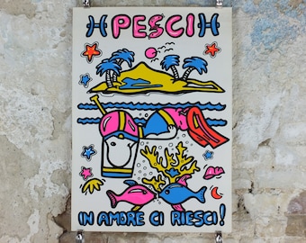 1980s Snoopy Poster, Peanuts, Pisces Zodiac sign in Italian fluorescent, by Charles Schultz, print wall art retro decor