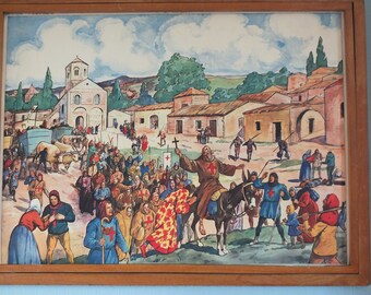 1960s French Crusades Poster, Vintage Rossignol double sided,  castle interior red cross religious god christianity