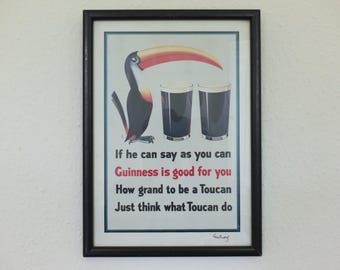 Hand signed 1981 John Gilroy Guinness Toucan Poster, Toucan Poem 1935, Toucan with two pints and a poem, wall art retro decor