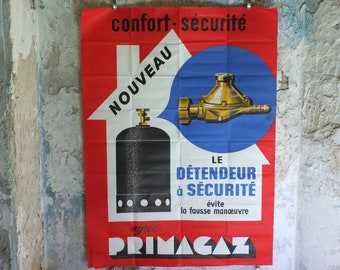 Original Vintage French Primagaz Poster, gas safety advertising, home heating, industrial art, wall retro decor 1960s