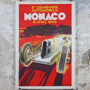1930年モナコグランプリポスター、ロバート・ファルクッチ作、1985年モナコ自動車クラブ再版、モータースポーツ、壁アート装飾