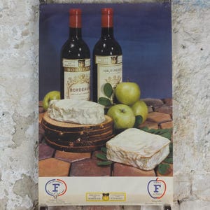1960s Cheeses of France Poster, soft cheeses with apples, Fromages de France, cheesemaking, Bordeaux viticulture, kitchenalia wall art decor