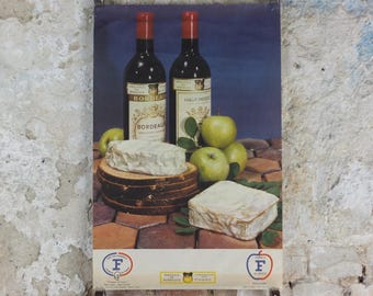 1960s Cheeses of France Poster, soft cheeses with apples, Fromages de France, cheesemaking, Bordeaux viticulture, kitchenalia wall art decor