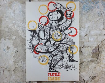 1966 Bjørn Wiinblad Poster, The Chuckle Brothers, Fratelli Spassosi, Juggling and Italian Performing Arts, theatre wall art decor