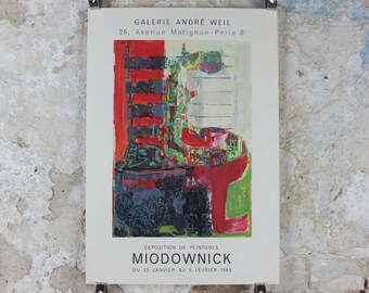 1963 Miodownick Poster, colourful abstract painting of a woman on a chair with head bowed, gallery exhibition wall art decor