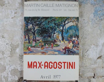 1977 Max Agostini Poster, a bustling and busy scene of a French park in the city, French Paris, wall art decor