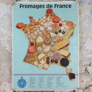 Cartaz Fromages de France de 1973, mapa da França mostrando queijos regionais, "Queijos da França", fabricação de queijos, decoração de parede de cozinha