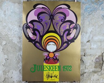 1972 Bjørn Wiinblad Poster, Christmas tea spoons, Gold, Juleskeen, by royal appointment for A Michelsen, advertising wall art decor