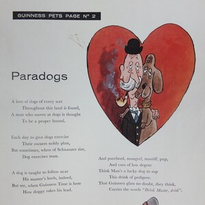 May include: A vintage print from Guinness Pets Page No. 2, showing a cartoon illustration of a man and a dog within a red heart. The image includes the text "Paradogs" and a poem about dogs.