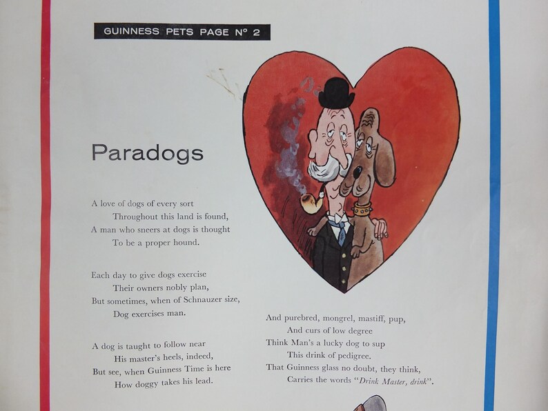May include: A vintage print from Guinness Pets Page No. 2, showing a cartoon illustration of a man and a dog within a red heart. The image includes the text "Paradogs" and a poem about dogs.