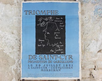1951 Jean Cocteau Poster, The Triumph of Saint-Cyr 1951, Promotion du Garigliano, surrealist avant-garde Dada, exhibition wall art decor