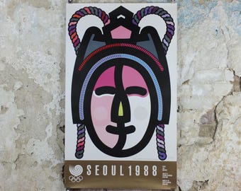 1988 Seoul Olympics Poster, by Ha Jae-Oh, Korean Mask, XXIV Olympiad, colourful sport wall art decor