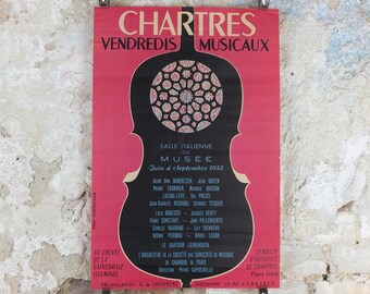 1953 Chartres Musical Fridays Poster, Vendredis Musicaux, by Paul Chonneaux, Cello outline, Paris, music wall art decor