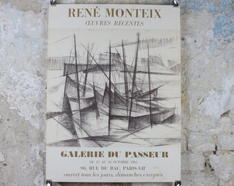 1965 Rene Montiex Poster, abstract painting of ships in a harbour, French Cubism artist, Galerie du Passeur Paris, wall art decor