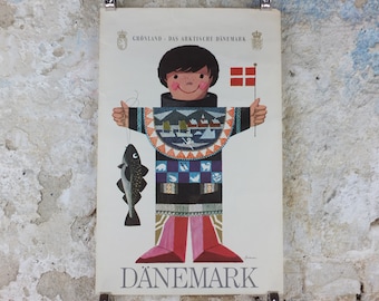 1960s Denmark and Arctic Greenland Poster, a young fisherman in Greenlandic dress , by Ib Antoni, Denmark, original Travel wall art decor
