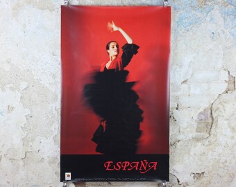 1986 Flamenco Espana Travel Poster, A sensual Spanish lady in flamenco dress in a full dancing flourish ole! Spain, wall art decor