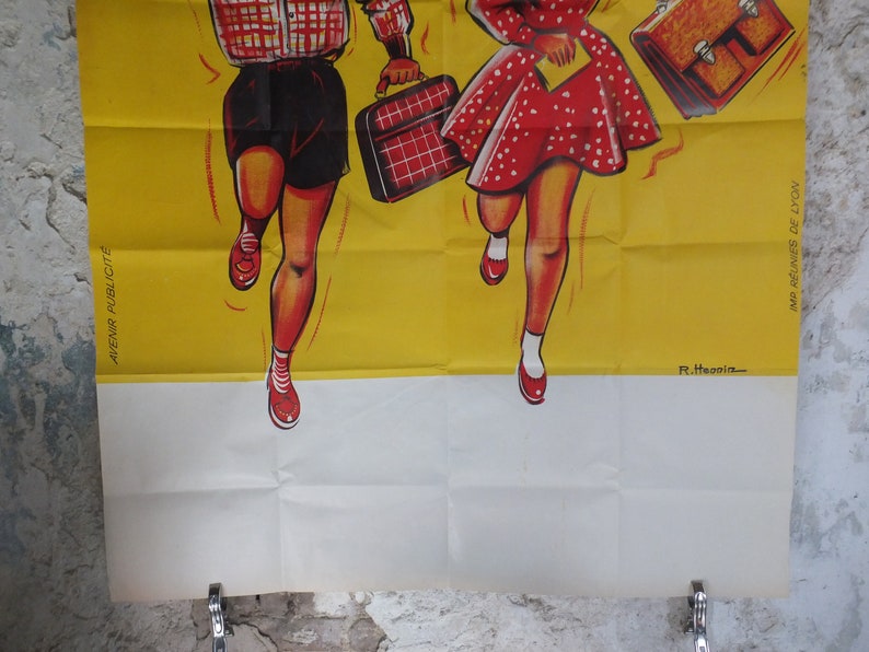 Original Vintage French Children Kids Back to School Poster fashion style bag happy running Advertising print R Hennin wall art retro 1960s image 6