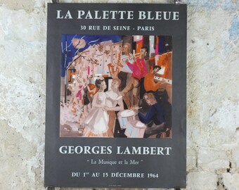 1964 Georges Lambert Poster, bright painting of musicians playing music in a French village by the sea, French Paris, wall art decor