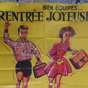 Original Vintage French Children Kids Back to School Poster fashion style bag happy running Advertising print R Hennin wall art retro 1960s image 5
