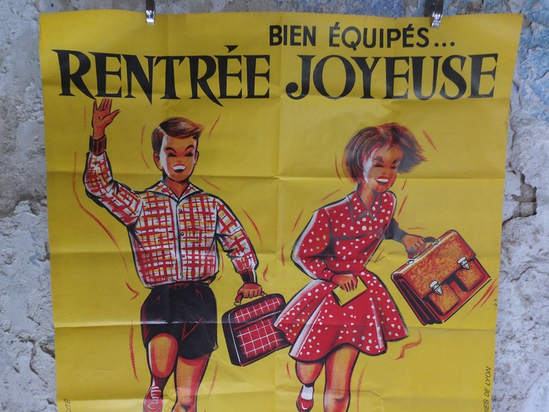 Original Vintage French Children Kids Back to School Poster fashion style bag happy running Advertising print R Hennin wall art retro 1960s image 5