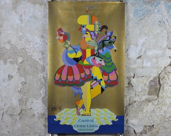 1986 Bjørn Wiinblad Poster, Carnival Cruise Lines Miami Florida, metallic gold, mask and masquerade Danish Design, wall art decor