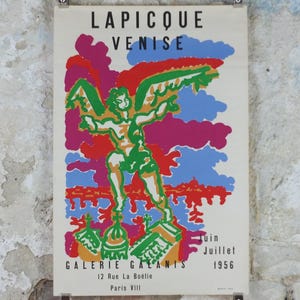 1956 Charles Lapicque Poster, Cherub over Venice, Angel on the City, La Serenissima The Serene, bunt Stadtbild, Wand Kunst Dekor
