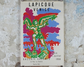 1956 Charles Lapicque Poster, Cherub over Venice, Angel on the City, La Serenissima The Most Serene, colourful cityscape, wall art decor