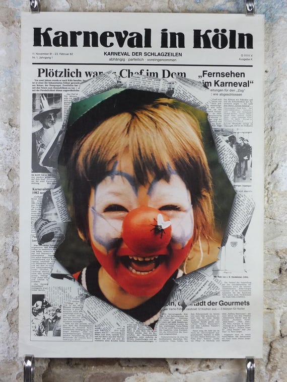 1982 Koln Karneval Poster, Clown in Carnival, Red Nose, Cologne