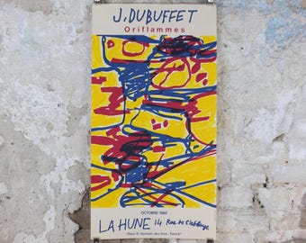 1985 Jean Dubuffet Poster, Oriflammes, Art Brut, raw art, La Hune, Paris, artist gallery exhibition wall art decor