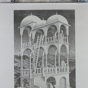 1958 Vintage M.C. Escher Poster, Belvedere, Surrealism Dutch print from Cordon Art from Baarn Holland, wall art decor image 3