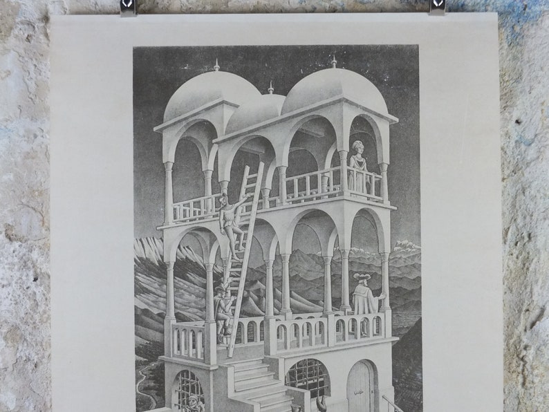 1958 Vintage M.C. Escher Poster, Belvedere, Surrealism Dutch print from Cordon Art from Baarn Holland, wall art decor image 3