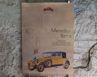 Original Vintage German Mercedes Benz Poster Daimler Motoren Kenay woman grand tour car art deco nouveau Advertising print wall art 1980s