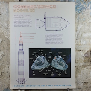 May include: A vintage poster detailing the Apollo spacecraft's command and service modules. The poster includes diagrams of the rocket and modules, with labels and measurements in feet. The text reads "5 National Aeronautics and Space Administration."