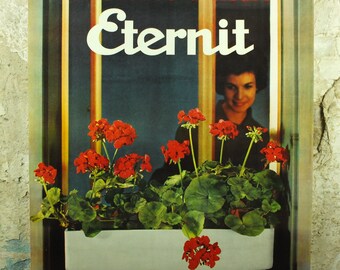 Vintage Eternity Geranium Flower Box Poster, Eternit Caissettes a Fleurs brand, pelagonium, 1959 advertising poster, , wall art retro 1950s