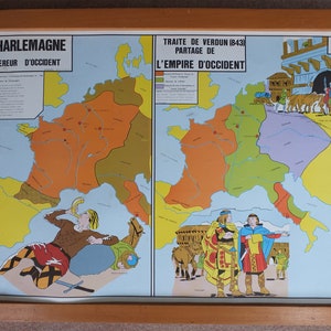 Original vintage Rossignol Français’affiche de l’école Normans Charlemagne Traité de Verdun Europe occidentale art mural des années 1960