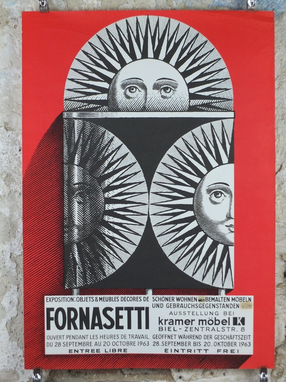 1963 Fornasetti Poster, Sun on Ceramic by Piero Fornasetti in Red