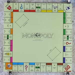 May include: A Monopoly board game with a light green background and colorful property spaces. The word "MONOPOLY" is prominently displayed in the center. The board is mounted on a wall with metal clips.