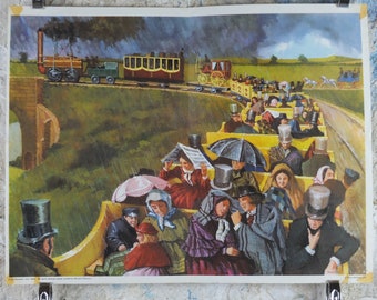 1969 Child Education Trains Poster, An early railway scene, steam train with open top carriage,  mid century print, wall art
