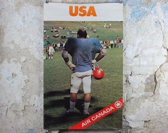 1970s Air Canada to USA Poster, Football Gridiron player, United States of America, sports, tourism vacation wall art decor